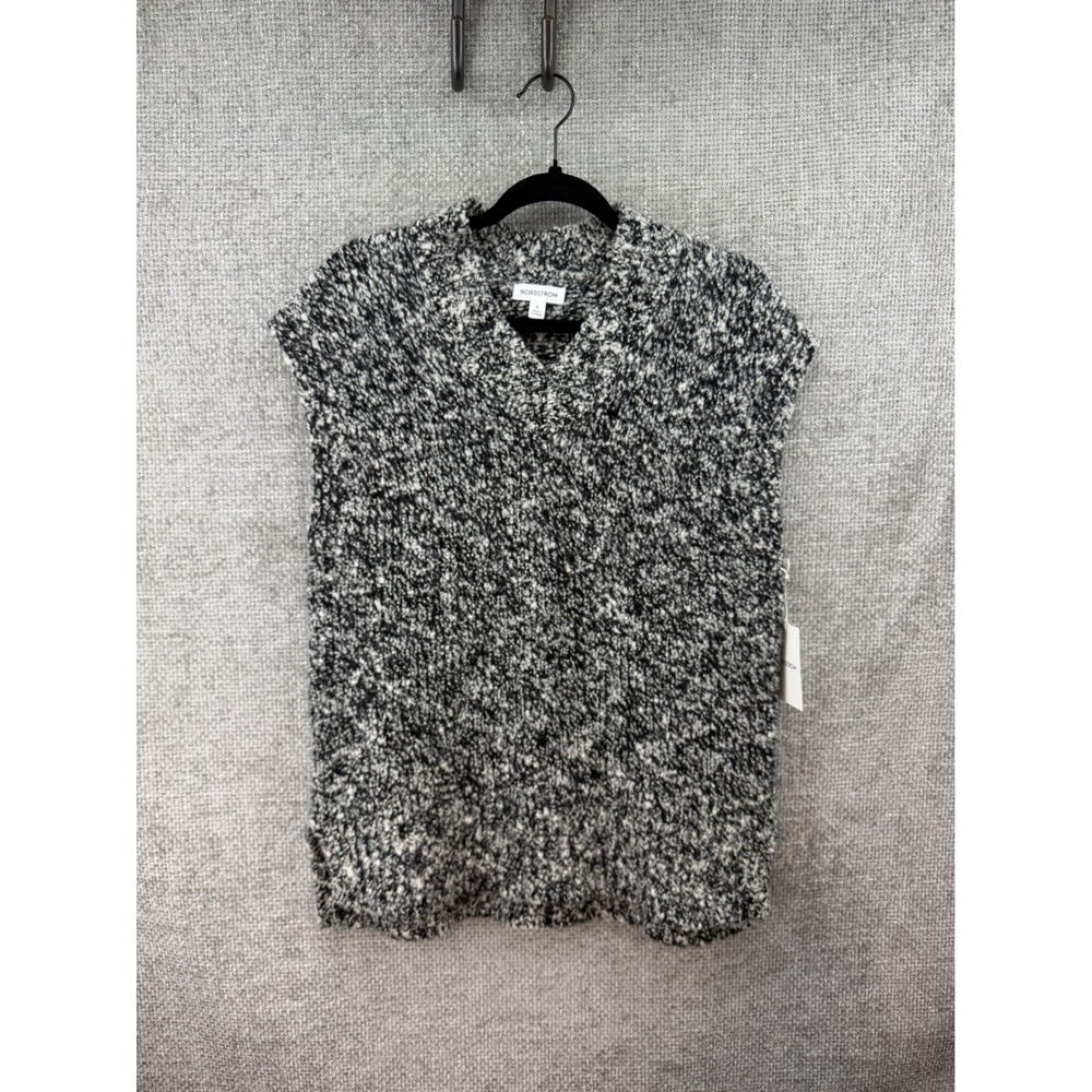 Nordstrom Sweater Vest Women's Small Black Ivory New Merino Wool Marl Knit